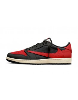 Travis Scott x Air Jordan 1 Low sneaker, black and red "Bred" colorway, inverted Swoosh